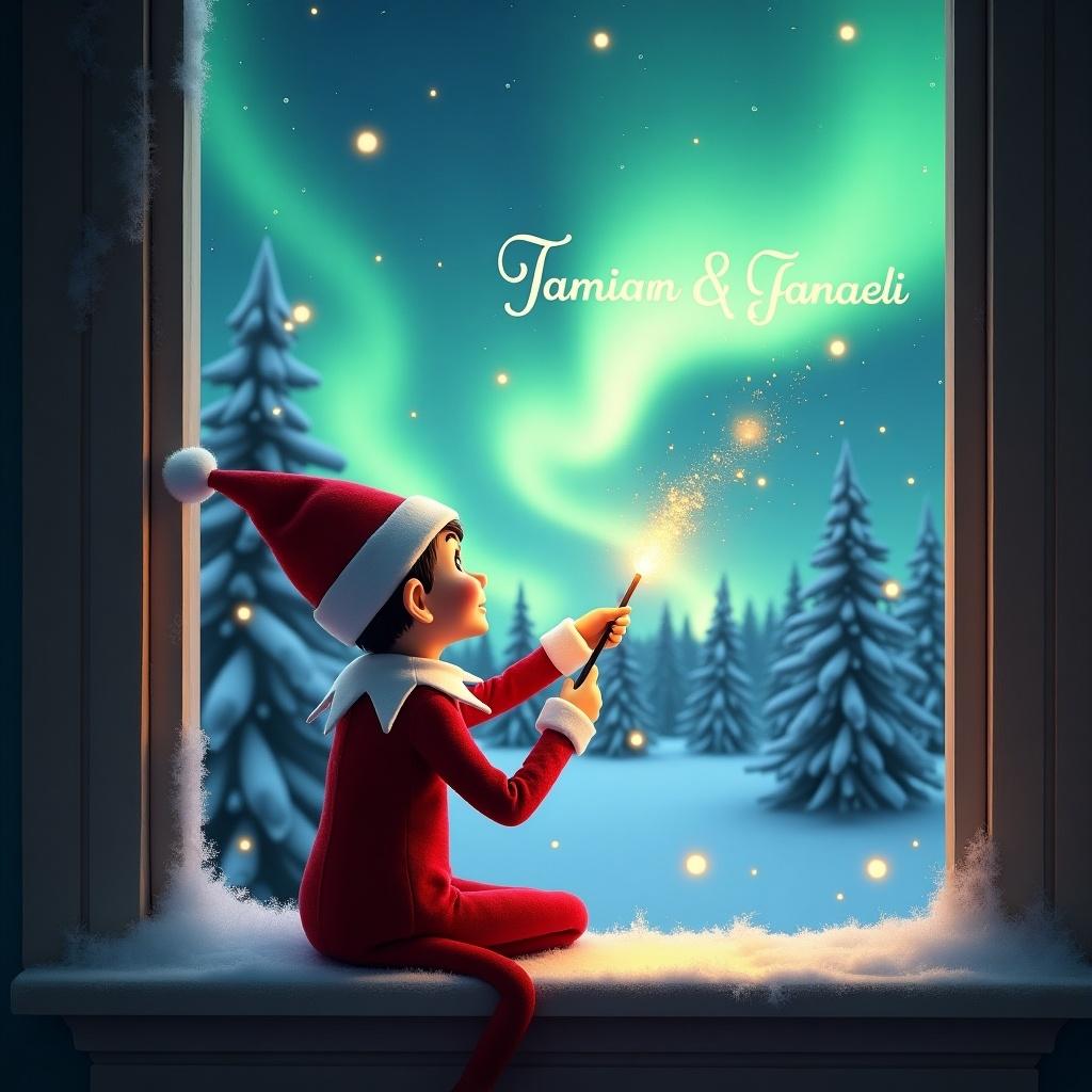 An elf on the shelf is sitting on a window ledge. The elf has a red outfit. A magical wand creates twinkling sparks. The elf looks up at the northern lights. The background shows snow-covered trees. The scene has a festive holiday feel.