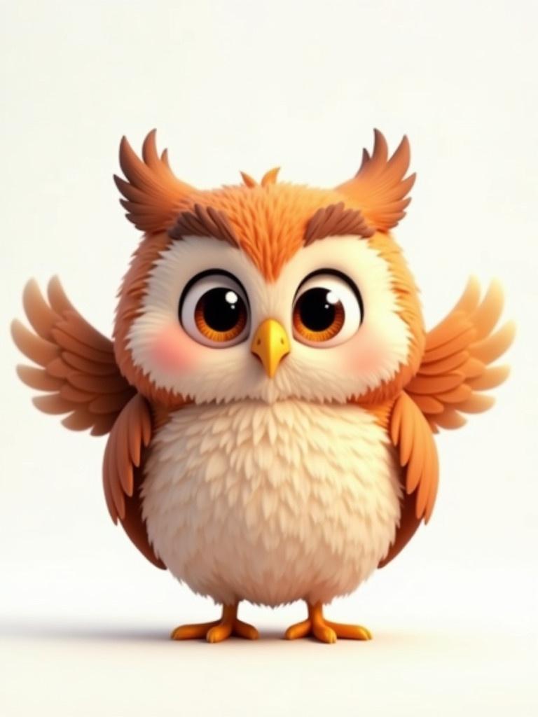 3D cute owl character Bright eyes look at viewers. Character has fluffy feathers and friendly expression. Arms are open wide. Perfect for children's illustrations.