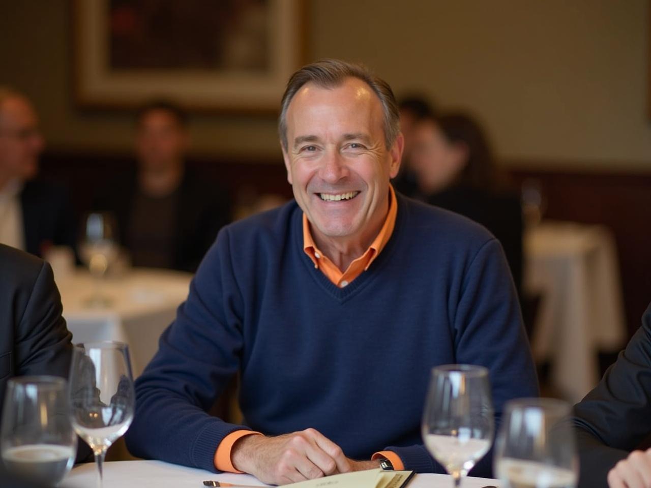 The image shows a man sitting at a dining table in a restaurant. He has a warm smile and is wearing a blue sweater with an orange collar. The table is set with several wine glasses and a menu. The background has soft lighting, and there are other diners visible in the blurred area. The atmosphere appears cozy and elegant, suggesting it could be an upscale dining experience.