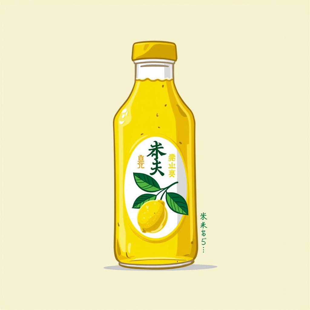 Design of a Japanese lemonade label. Features a yellow bottle. Label has a lemon illustration and simple text. Bright and appealing colors. Clean layout.