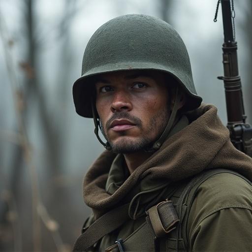 Photorealistic image depicting soldier during World War 2. Soldier wears helmet and military uniform. Surroundings blurred, suggesting a battleground. Expression showcases determination and resilience.