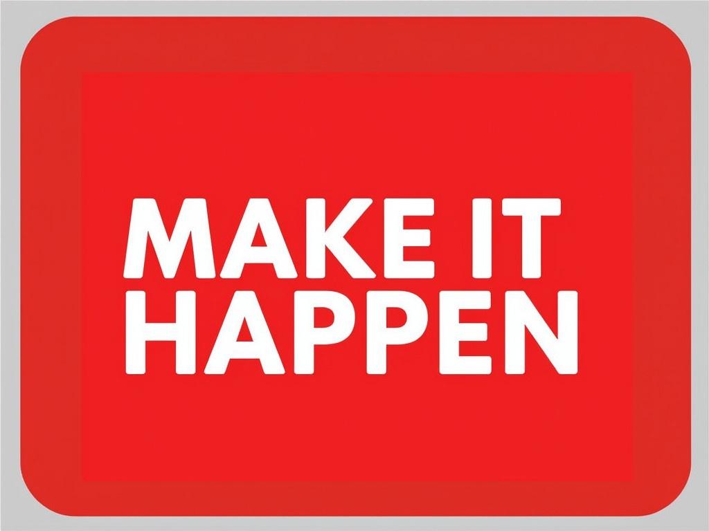 Create a sign with a bright red background. In bold white text, write 'MAKE IT HAPPEN'. Ensure the lettering is large and easy to read. The overall design should be simple, yet striking, focusing on the motivational message. This sign should convey a sense of urgency and encouragement to take action.