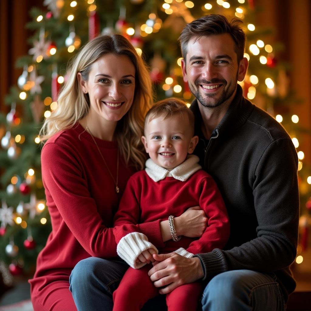 Family portrait with Christmas tree in background. Smiling parents and child wear festive outfits. Warm, cozy atmosphere with decorations.