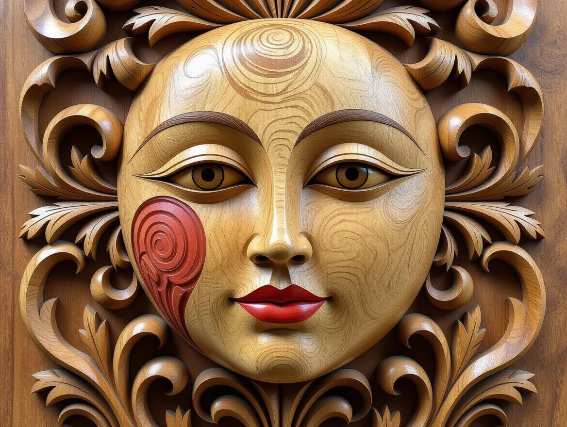 Close-up of a detailed wood carving. The carving features abstract swirls and intricate designs. The wood texture displays warm tones and highlights the artistry. Elements create a surreal effect, focusing on craftsmanship. The overall composition embraces natural beauty.