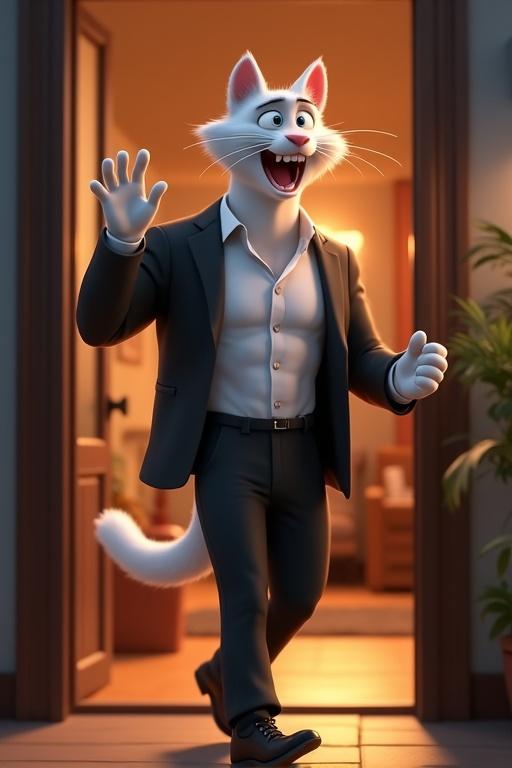Cinematic 3D cartoon illustration of a tall anthropomorphic cat. Cat wears a white dress shirt and black blazer. Character walks through a bright home at night. Cat waves with cheerful expression.