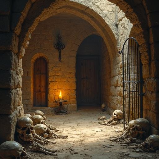 A crypt beneath a church. Dust fills the chamber. Skeletal remains line the walls. A candle flickers casting shadows. The scene shows Medieval horror realism. An iron gate stands with carved skulls. Sacred relics are scattered.