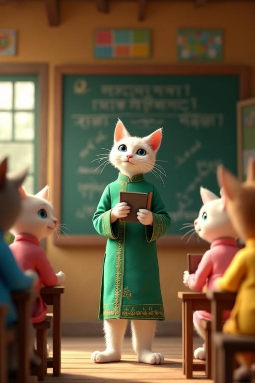 Inspiring classroom scene set in a village school with mud walls and a thatched roof. A white cat named Lee stands on two legs in a green kurta teaching at a chalkboard. Young anthropomorphic animals in colorful kurtas sit on benches holding slates. Sunlight fills the room, highlighting educational charts and books. The atmosphere is warm and nurturing, illustrating the joy of learning.