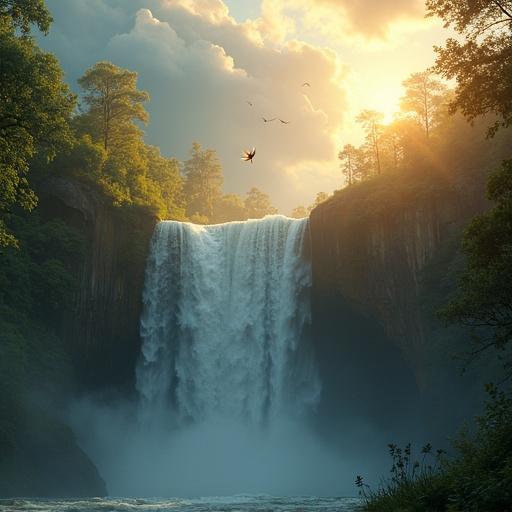 Fairy flying up a waterfall in morning sunlight. Storm clouds in the distance.