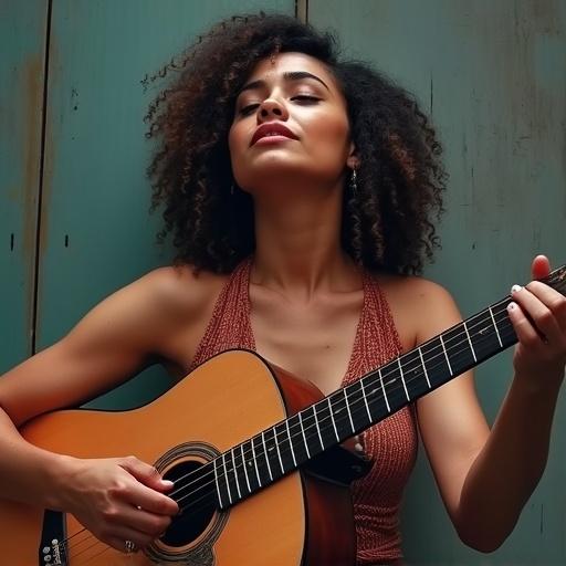 Woman with curly hair playing guitar. She is outdoors against a rustic background. Expressing emotional connection to music. Wearing elegant attire. Engaged in a musical performance. Emphasizing the name of the song: freedom.