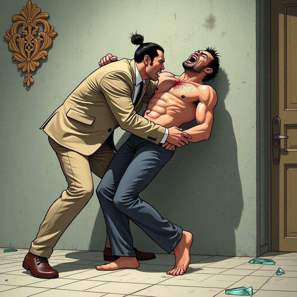 A dynamic webtoon-style illustration showcases an intense confrontation between two men. One man, large and imposing, wears a beige suit and has a tied-back ponytail. He grabs a battered, shirtless man by the neck, lifting him against a textured concrete wall. The shirtless man grimaces in pain, showing his bruised and bloodied body from a previous struggle. The tiled floor is scattered with shards of broken glass, and a golden decorative element on the wall adds a touch of luxury to the tense scene. The lighting emphasizes muscular tension and shadows, creating a gripping atmosphere.