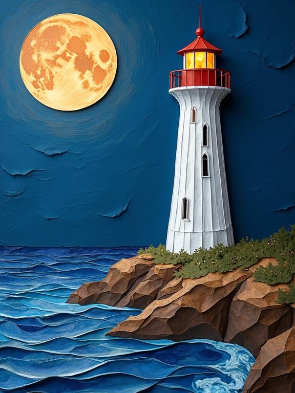 A nighttime scene featuring a lighthouse made of layered origami paper folds. The lighthouse is white with a red top and is illuminated by the full moon above. Waves crash against the rocky shores of an indigo blue seaside. The scene is embellished with thick, textured layers of paint and features an expressive oil painting style. The overall color palette includes dramatic metallic tones of gold and bronze against a dark blue night sky.