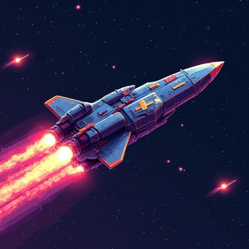 Pixelated arcade style retro spaceship illustration. Vibrant colors with rocket flames. Space background filled with stars. A sense of adventure and exploration.