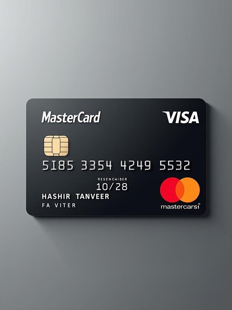 Realistic image features a Mastercard credit card with sleek modern design. Card number displayed is 5195356422466235. Cardholder name is HASHIR TANVEER with expiry date 10/28. Focus on Mastercard logo and standard card layout.