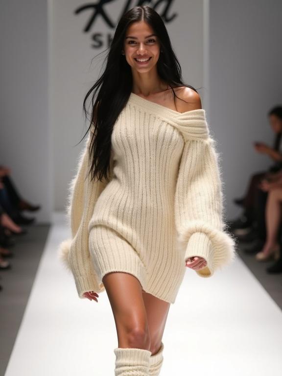 Young woman with long black hair walks down the white catwalk. She smiles at the camera. Wearing a knitted cream sweater and high knee socks. The sweater has an asymmetrical neckline and voluminous sleeves. The catwalk features the 'Kira Shop' sign in the background.