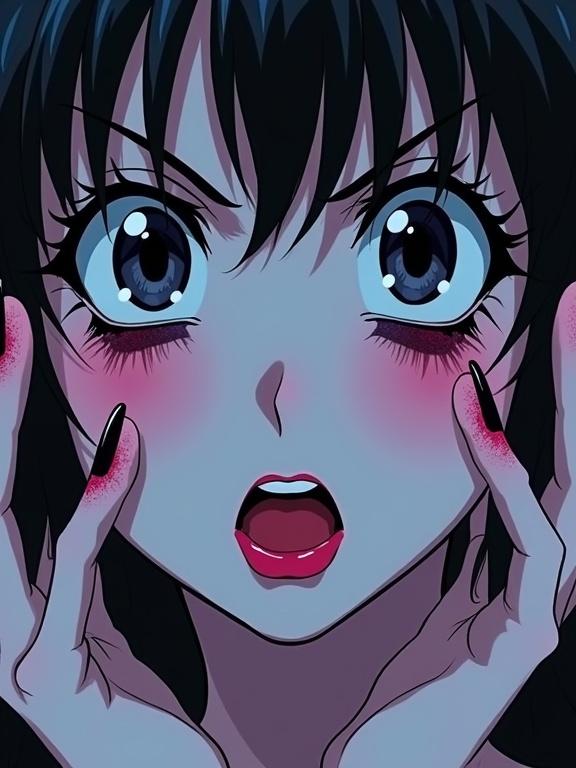 Dramatic anime-style close-up of a character with messy gothic makeup. Smeared dark eye makeup and bright lipstick. Character displays an intense expression holding hands near the face. Vintage aesthetic with pink and blue overlays. Text about makeup attempt included. Artificial lighting highlights the makeup details against a dark background.
