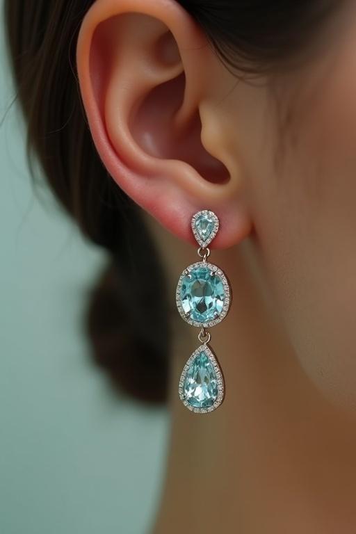 Aquamarine earrings shown on a model's ear close-up. A small aquamarine stone above a larger one. Focus on ear and earrings only.