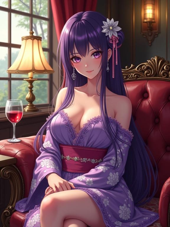 An anime beautiful lady in a luxurious retro lounge. She sits on an elegant vintage leather sofa. Striking violet hair flows down. She wears a shiny violet off-shoulder kimono with intricate floral patterns. A pink obi belt complements her outfit. Delicate hair accessories add charm. She holds a glass of wine on a table. The setting features warm lighting and antique decor. A serene view of trees is visible through the window. The atmosphere blends traditional elegance with retro design.