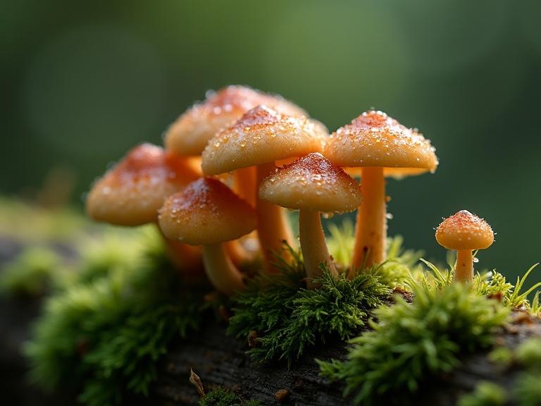 Extreme macro photography focusing on a closeup of a group of mushrooms on mossy dead wood. Morning dew covers them, shimmering under light. The background is dark green and blurry, creating a dreamy bokeh.
