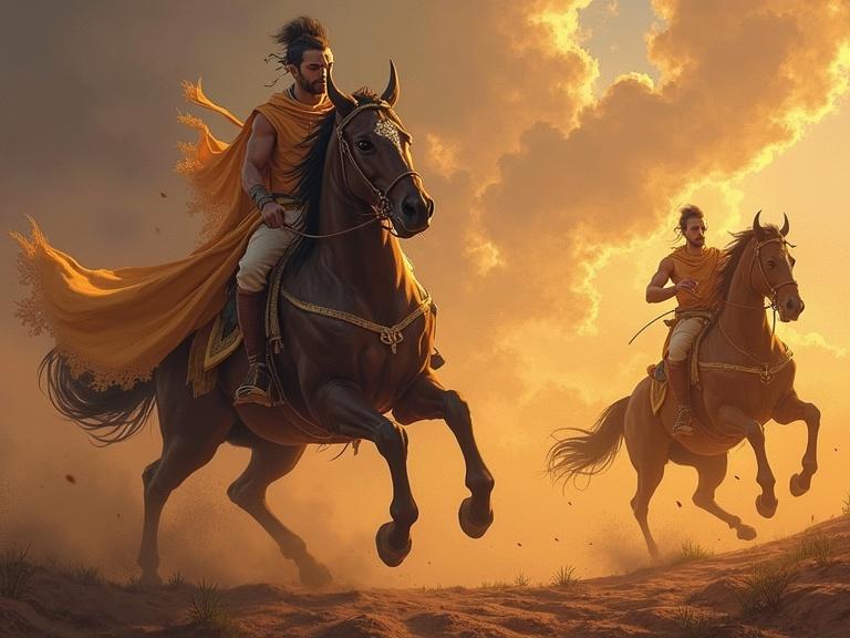 Dynamic scene of two horse riders in battle rich in mythology. One portrays Hunda, regal and deceptive. The other, Nahusha, symbolizes strength and wisdom. Setting captures intense atmosphere, radiant sunlight breaking through clouds.