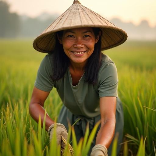 A 35-year-old Vietnamese woman harvests rice in a rural field at dawn. Skin tanned from sun exposure. A traditional conical hat shades her face. Only her smile and tip of her nose visible in shadow. Strands of black hair escape from the hat. Hands are calloused but steady. Dew wets the hem of her ao dai. Misty morning sets an earthy tone.