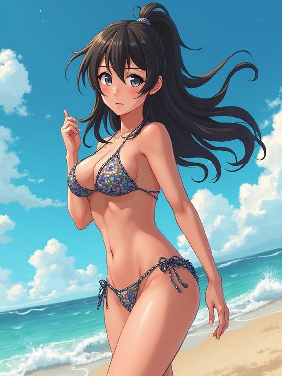 Hinata in a bikini on the beach. She poses confidently by the ocean. The scene shows bright blue skies and gentle waves. The focus is on summer vibes and beach beauty.