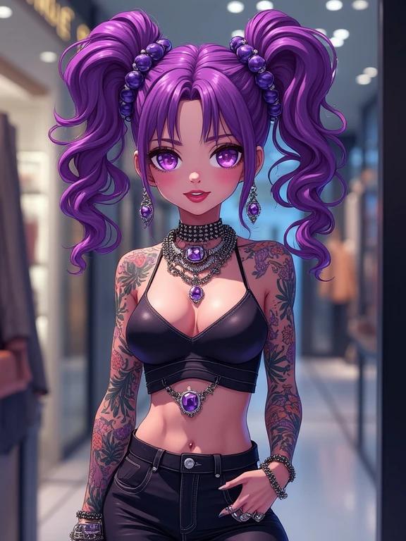 Anime woman wearing modern edgy streetwear. The outfit features amethyst purple and black jewelry. Elegant oversized pigtails complement tattoos. Vividly depicted inside a stylish boutique. Background features luxury retail elements. Shopping experience is highlighted.