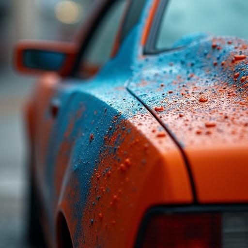 Close-up shot of a car with orange paint. Water droplets on the surface of the car. The image emphasizes the texture and color. Police background is out of focus.