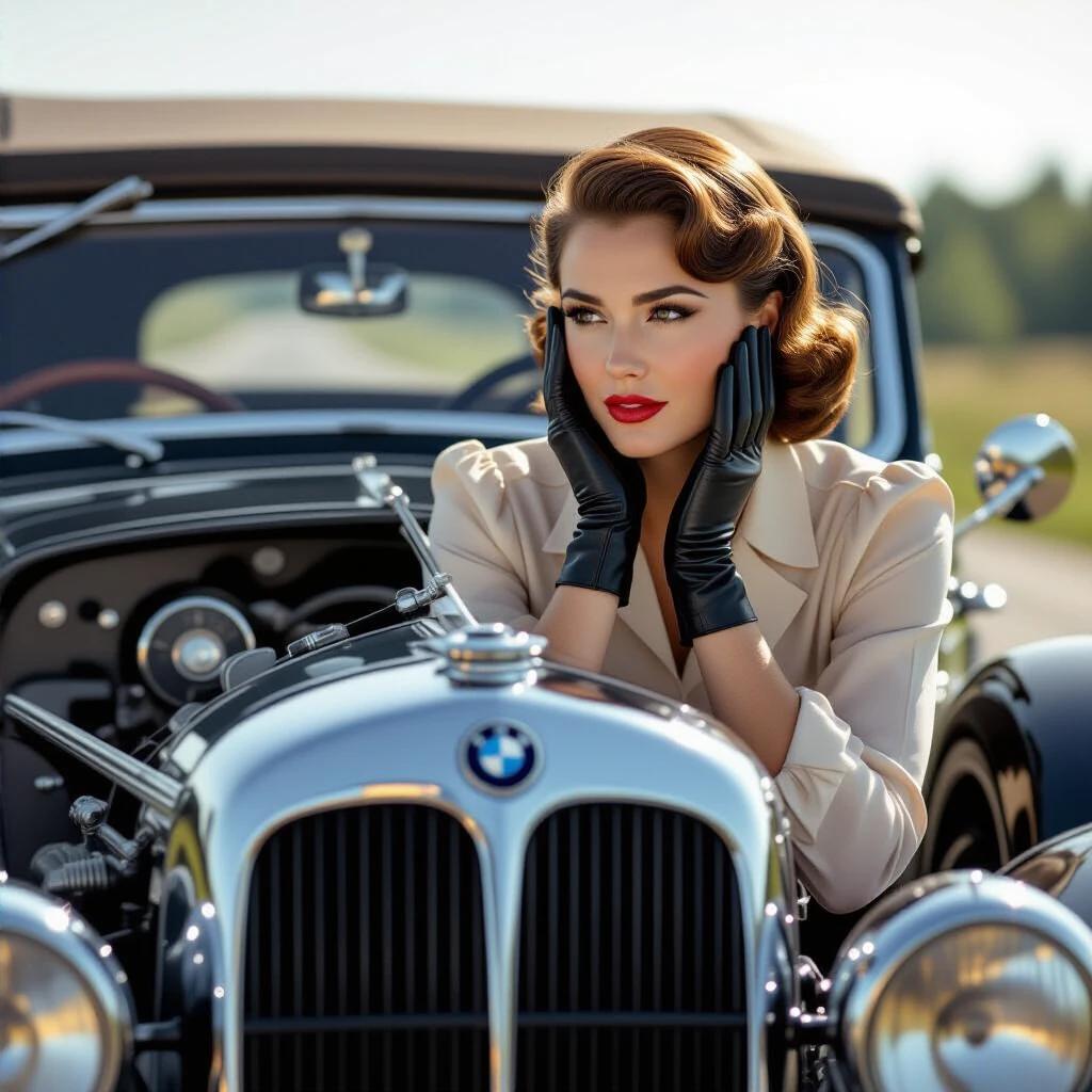 Cinematic scene featuring a woman beside a 1936 BMW 328 Roadster. She wears a silk blouse and leather gloves. Her hands are pressed on her cheeks. The background shows a Swiss alpine pass at sunset. The vehicle shows a visible fuel droplet on the engine. Lighting from the sunset creates highlights.