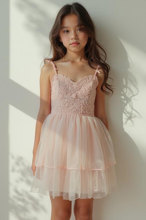 A young girl stands wearing a transparent pink dress. The dress has a layered design with lace details. She has long hair and a neutral expression. The background is softly lit, creating a calm ambiance.