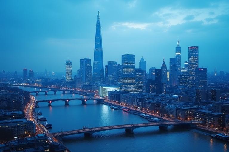 Aerial view of London at twilight. The skyline features The Shard and other modern buildings. River Thames with bridges connecting both sides of the city. A blue tone dominates the image, suggesting a technological atmosphere. Inclusion of wireless connectivity elements is implied through urban settings.