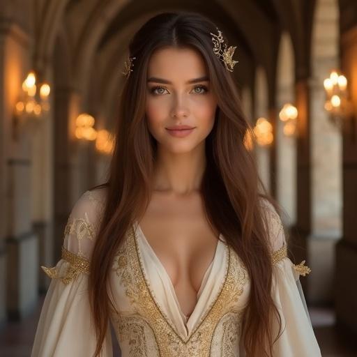 A woman dressed in an elegant fantasy gown poses in a grand candlelit hall. Golden hair adorned with a delicate ornament flows down her back. She has a serene smile and porcelain skin. The gown features translucent fabrics and ornate embroidery. Subtle tailoring emphasizes her figure under the flowing layers. The setting includes arched windows and stone columns, creating a dignified atmosphere.