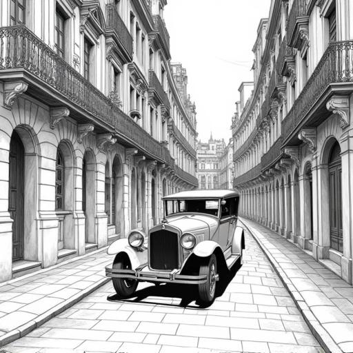 Highly detailed black and white line art of a street scene. Features a classic early 20th-century touring car. The car is parked or moving in a narrow European street. Flanked by intricately rendered buildings. Buildings have wrought-iron balconies and ornate stonework. The scene shows rich textures and architectural detail. Evokes a bustling historic urban atmosphere. Fine and precise linework throughout.