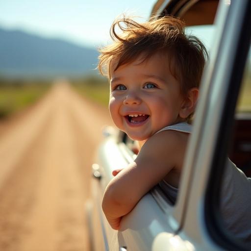 Cheerful baby with tousled brown hair leans out of car window. Bright blue eyes reflect wonder. Dusty dirt road stretches into the horizon. Warm golden sunlight creates soft dreamy atmosphere. Baby dressed in white tank top exhibits innocent expression. Vintage vehicle adds nostalgic touch. Background features blurred greenery and blue mountains.