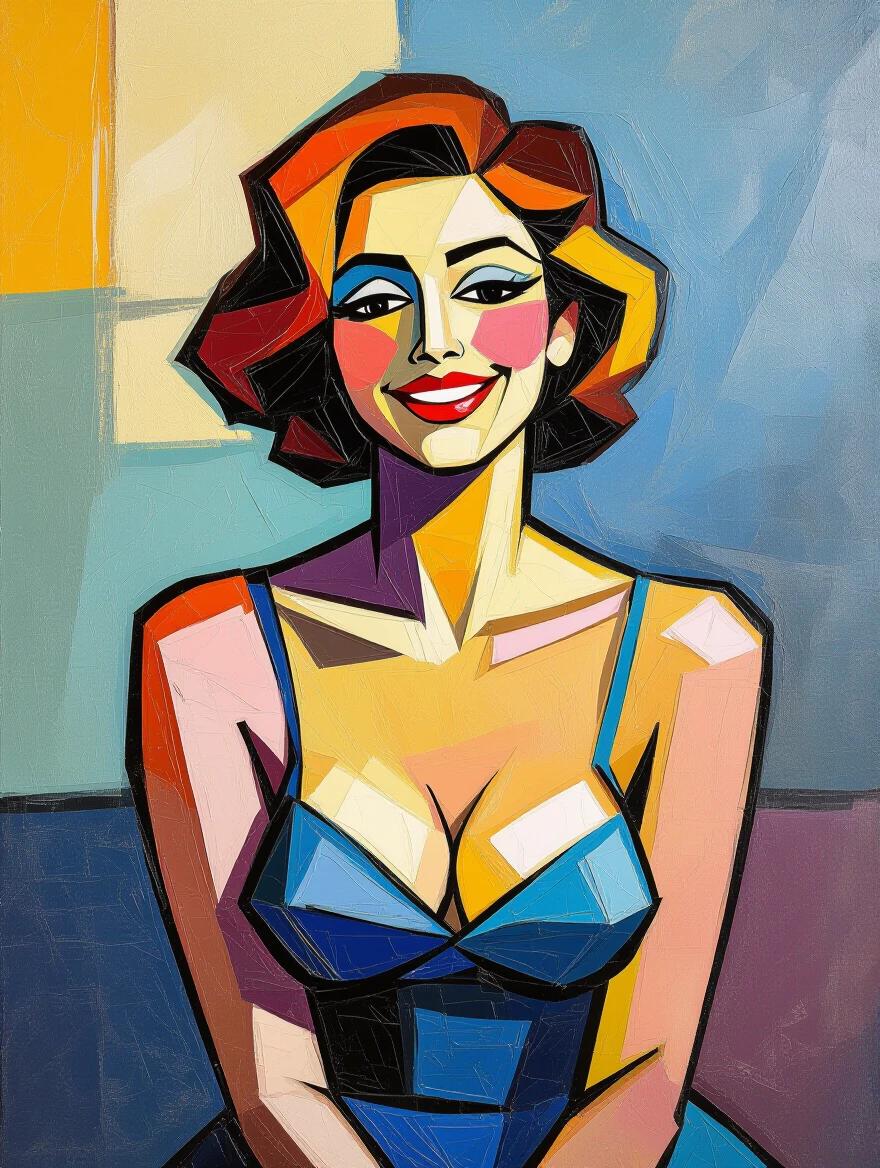 Closeup painting of a smiling woman with thick raised brushstrokes. She poses in a blue dress. The style is highly textured and colorful. The influence of Matisse is evident. Frontal perspective.