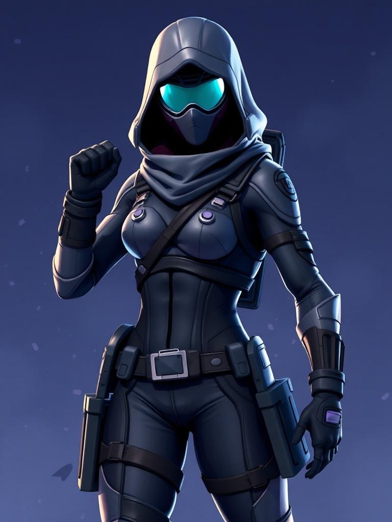 A futuristic female warrior in dark armored suit with a hood and glowing visor, in a heroic pose.