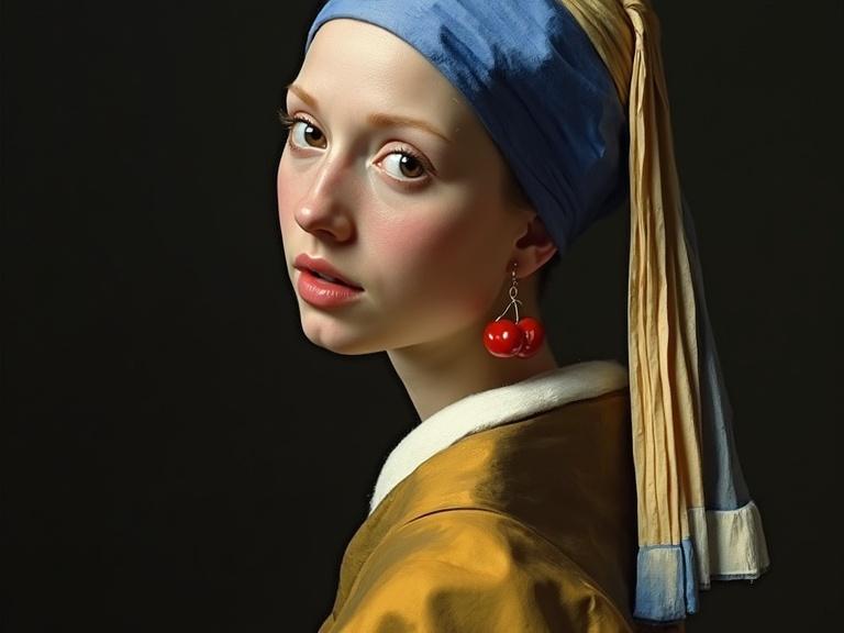 3D exquisite girl wears a cherry earring and a blue headscarf. Inspired by Vermeer