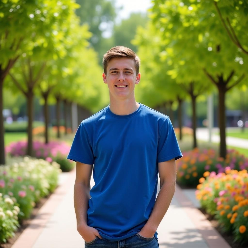 This image features a cheerful young man standing in a park surrounded by vibrant flowers and lush green trees. He is wearing a casual blue t-shirt and jeans, exuding a sense of confidence and happiness. The background is filled with colorful flowers that add brightness to the scene. The soft, natural light enhances the overall warmth of the image, creating an inviting atmosphere. This portrait captures the essence of a sunny day outdoors, perfect for a youthful theme or lifestyle promotion.