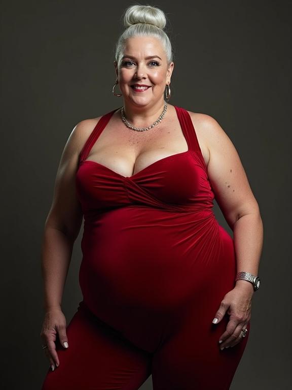 Mature woman in a red velvet dress with matching pants. High silver hair bun. Confident and elegant pose. Plump and curvy shape with wide hips. Wearing jewelry. Dark background enhances the outfit.