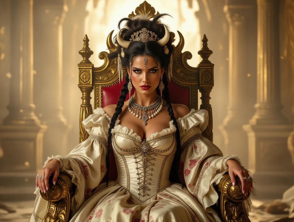 Muscular tribal queen wearing tattered silk gown. Embroidered with pearls and bones. Ornate rococo hairstyle tangled with feathers and tusks. Sitting in gilded throne room cracked with battle damage. Subject off-center with chiaroscuro drama. Soft golden lighting with dust motes. Fusion of French rococo elegance and primal brutality. Hyperreal costume design. Painterly texture.
