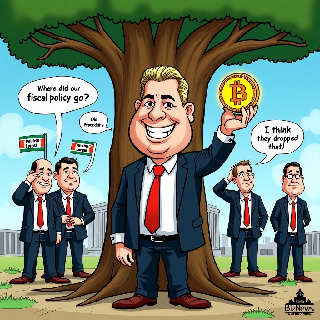 A political cartoon illustrating Bitcoin adoption in South Africa. Features a businessman with exaggerated features. Confused government officials express confusion. A large tree with signs shows outdated policies. The setting includes iconic South African elements like flags and the Union Buildings. Bright colors and bold outlines emphasize humor.