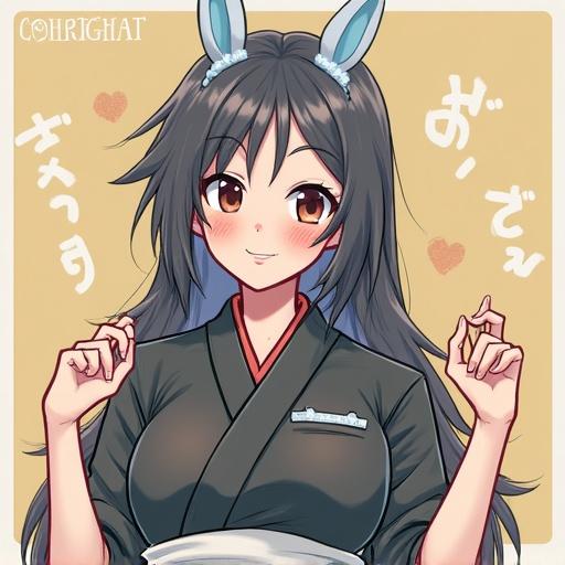 A female character wearing a traditional outfit with bunny ears. Character appears cute and expressive. Background is minimalistic with cream color and soft elements.