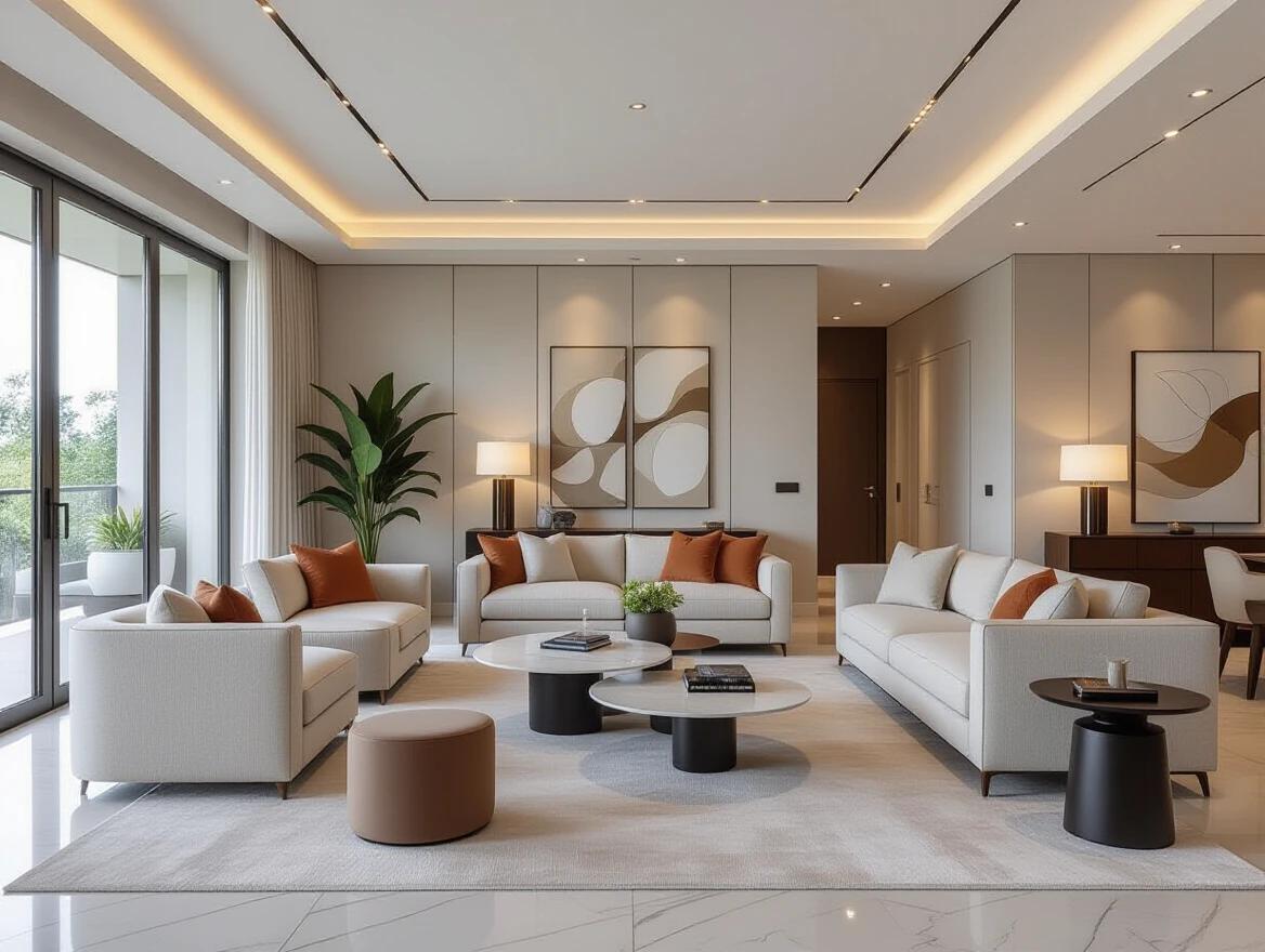 Spacious lounge on the ground floor with an open layout. Luxurious yet simple interior design. Wide walking space between furniture. Modern sofas and armchairs in neutral tones. Marble and wood coffee tables. Warm ambient lighting from lights and lamps. Soft area rugs. Tasteful wall textures. Lush indoor plants. Calm and welcoming atmosphere. No clutter. Premium materials. Photorealistic 8k rendering. Elegant design with rich minimal décor.