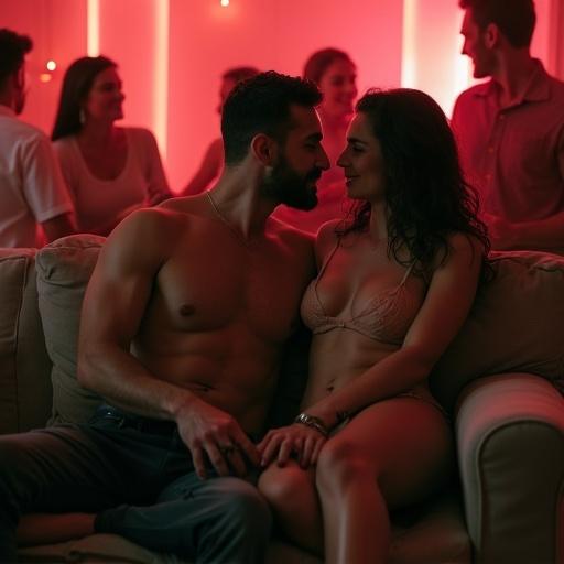 Scene shows a shy, socially awkward man sitting alone. He appears uncomfortable. His body is turned slightly away from a confident woman cuddling with her boyfriend beside him. The couple is engaged in conversation, oblivious to the man's unease. Focus is on the shy man: he has a slouched posture, nervous eyes, and fidgeting hands. Background features a lively party atmosphere with soft, cinematic lighting. The couple is secondary to the scene.