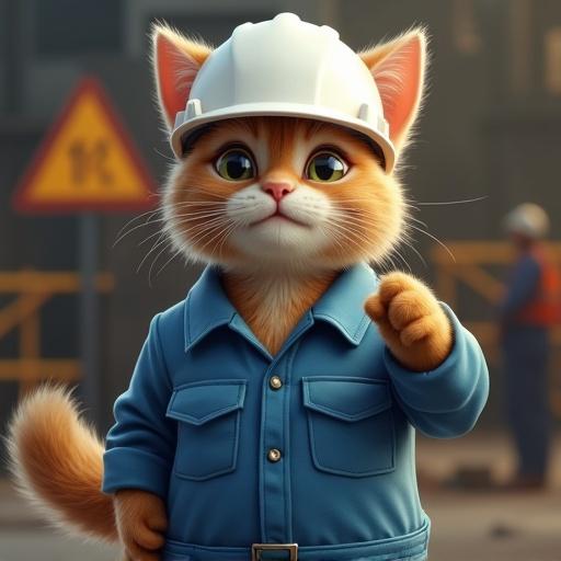 Semi-realistic cat wearing a white hard hat. Cat dressed in blue work uniform. Cat standing upright with one paw pointing forward. Cat has a satisfied and proud expression. Cat's eyes slightly squinted. Cat's tail curled neatly. Industrial background with construction signs. Comical workplace safety pose.