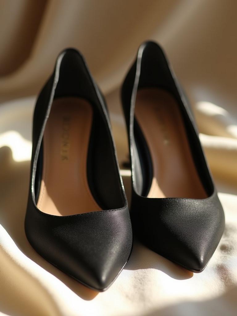 A close-up shot of beautiful pointed-toed black pumps. Shoes placed on a fabric surface. Warm daylight illuminates the scene.