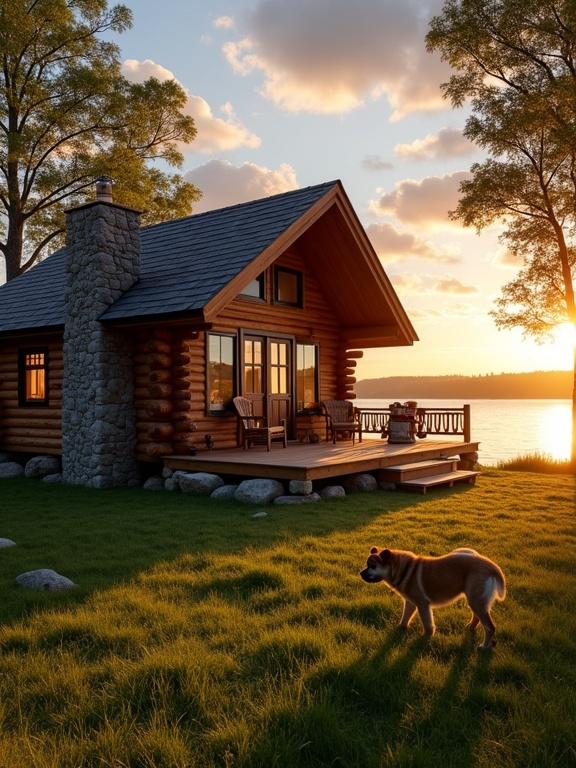 Cozy log cabin on a grassy lakeside during sunset. Rectangular structure with a steeply pitched roof and dark shingles. Exterior made of stacked logs with a rustic brown appearance. Features a stone chimney and a small porch with wooden chairs. Vibrant green lawn with rocks and trees. Brown and white dog walking on the grass. Lake reflects sunset with golden and orange hues. Serene atmosphere with sunlight streaming through branches.