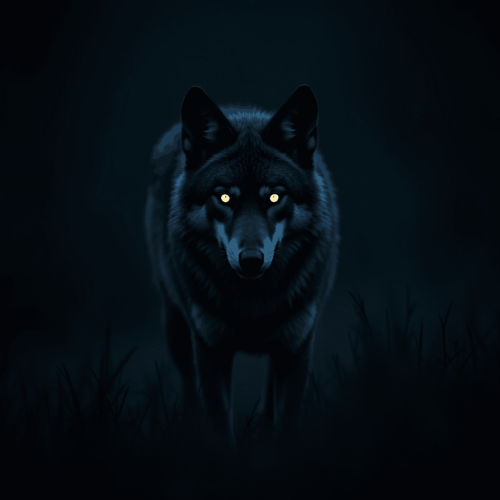 A menacing wolf with glowing orange eyes stands in the dark, surrounded by shadowy grass.