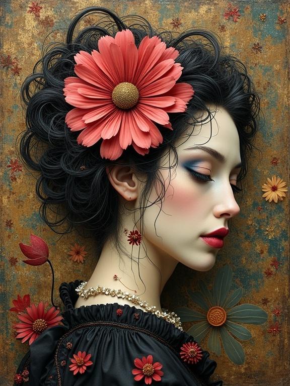 A 3D multi-layered artwork of a woman with a large flower in her hair. The style is whimsical and intricate, with influences from various artists. The background is ornate and layered, showcasing an artistic portrait.