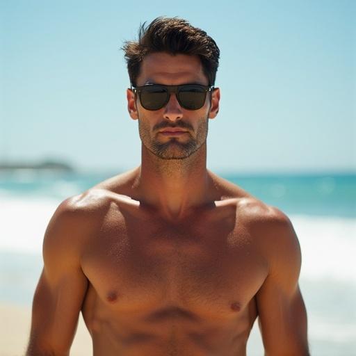 Male model with sunglasses on the beach, strong physique, sunny day