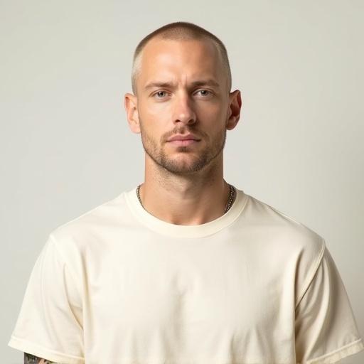 High resolution photorealistic portrait of a male with short hair. Subject wears a plain cream T-shirt. Image shows head and chest with arms slightly visible. Centered full frontal view. Clean-shaven face and no visible tattoos. Neutral expression. Oval face shape. Well-lit with soft lighting. Sharp details and subtle eye catchlights.